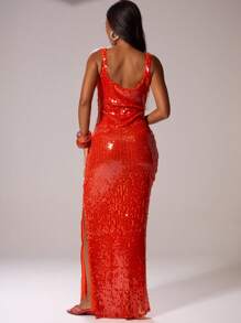 MUSERA Square Neck Sequin Bodycon Fitted Maxi Dress Ibiza Sexy Vacation Holiday Spring Summer Festival Rave Beachwear Romantic Festival Fall Night Out Wedding Guest, Elegant, Date Night, , , Fall, Winter - Orange - View 4