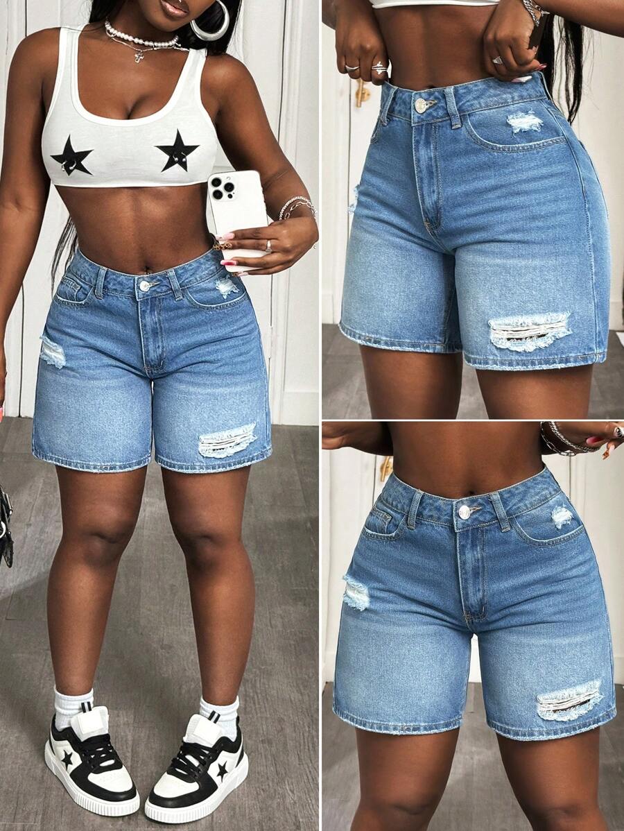 Slaydiva 女士休闲洗水做旧牛仔短裤