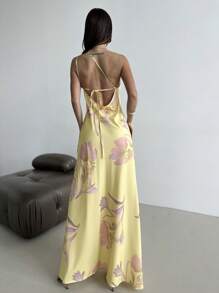 Firerie Váy hở lưng thắt nút một bên vai cho nữ, váy liền thân họa tiết hoa rộng rãi theo phong cách Hawaii ngày lễ - Màu vàng - Xem 5