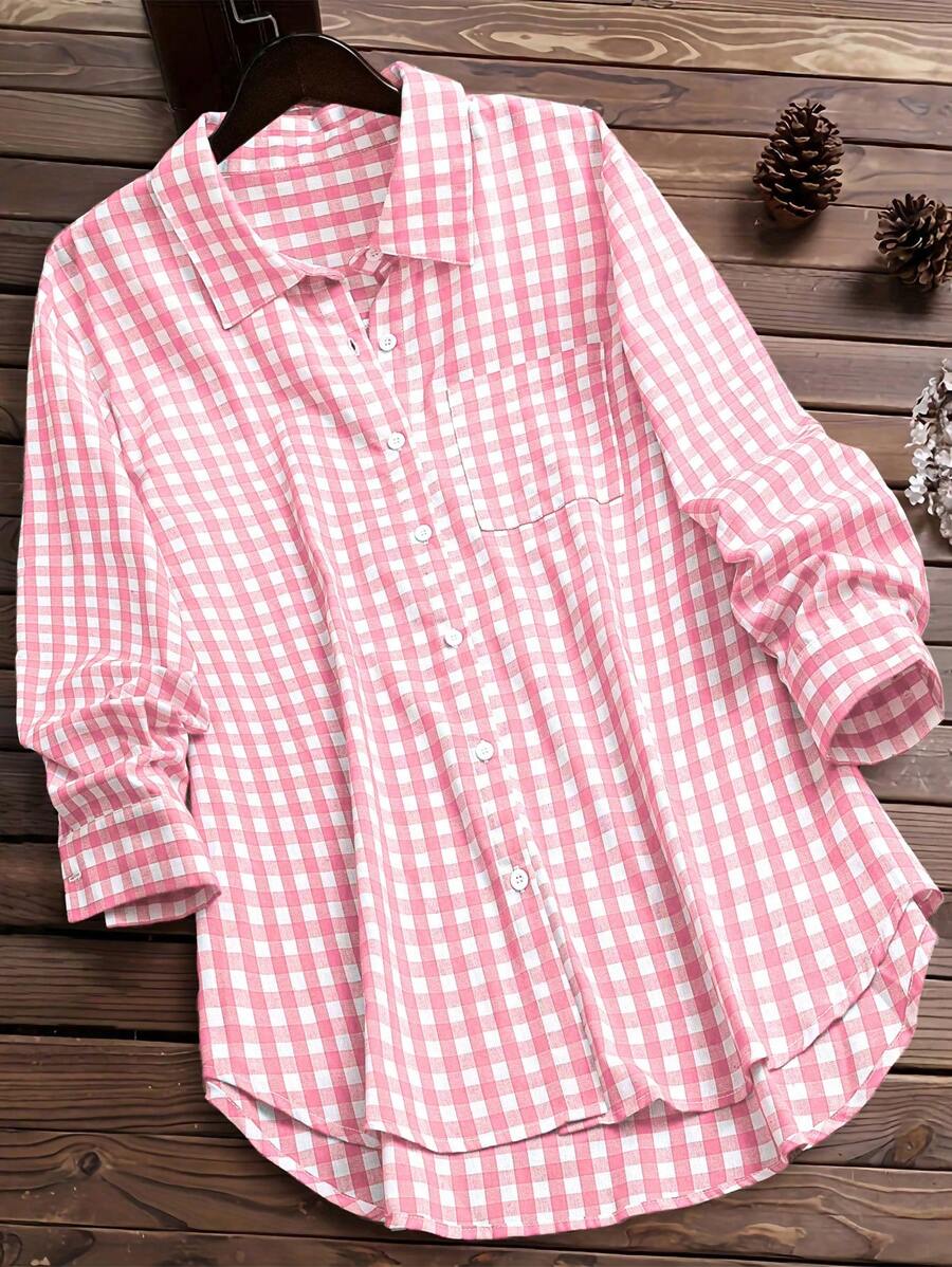 EMERY ROSE Camisa de media manga de longitud media a cuadros rojos - Rosa - Ver 1