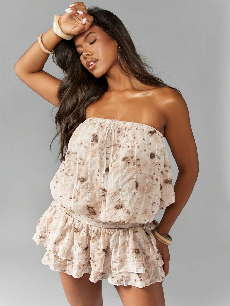 MISSGUIDED Printed Sequin Chiffon Bandeau Blousson Ruffle Mini Dress - Multicolor - View 1