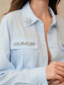 Anewsta 女士条纹珍珠链装饰长袖优雅度假衬衫 - 藍色 - 查看 4