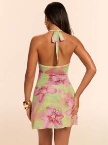 SHEIN BAE Vestido mini de verano para mujer, con escote halter sin espalda, con estampado floral y de leopardo, sexy