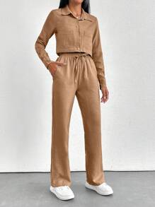 Cottton Fabric  Hoody Zipper Detail Short Sweatshirt Casual Women Two Pieces Outfit - Brown - View 3