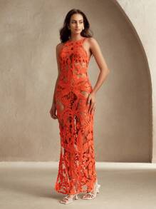 Anewsta Váy dài thanh lịch cho kỳ nghỉ bãi biển dành cho nữ có xẻ tà và họa tiết lá cọ, váy maxi che thân không tay, trang phục mùa xuân cho phụ nữ, quần áo mùa hè, thanh lịch, kỳ nghỉ, ngày lễ, bãi biển, lễ hội - trái cam - Xem 7