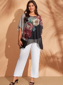 EMERY ROSE Maglietta casual larga con maniche a pipistrello e stampa floreale, taglie forti per donna