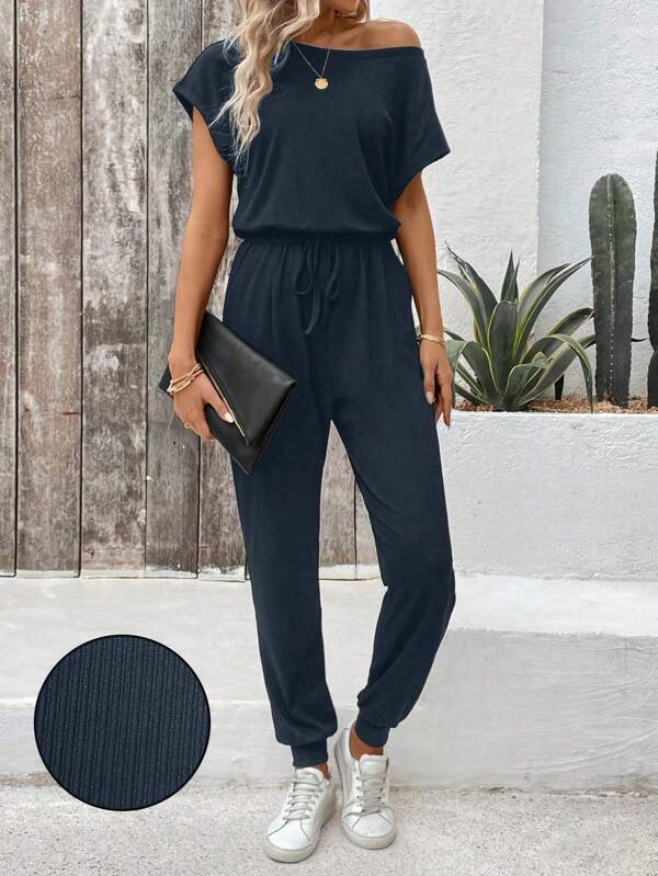 EMERY ROSE Simple Solid Color Asymmetrical Neck Cinching Waist Jumpsuit, Summer