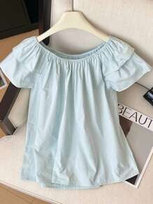 SHEIN 女式蓝色宽圆领短袖休闲度假衬衫 - 淺藍色 - 查看 1