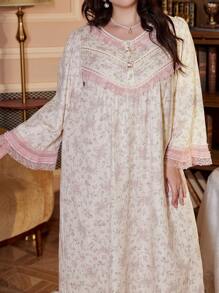 PalaceNights Contrast Lace Patchwork Half-Open V-Neck Faux Pearl Button Decor Plus Size Floral Long Sleeve Nightgown, Moo Moo Sleep Dress, Fall, Winter