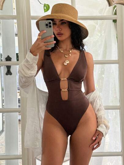 Swim Glamine 1 件女式纯色露背连体泳衣，适合海滩度假