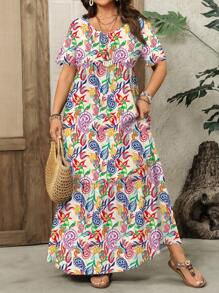 EMERY ROSE Plus Size Paisley Print Casual Retro Resort Style Dress, Suitable For Summer Holiday Chic Dress - Multicolor - View 1