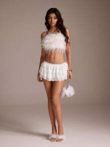 TRNVIE Weiße Mini-Shorts mit Spitzenbesatz für Damen, lässiger Urlaub, niedrige Taille, geeignet für Abschlussfeiern, Abschlussball, Sommer-Rave-Festival-Outfits, für Frauen - Weiss - Übersicht 4