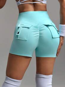 Menodora SHEIN Sport 纯色紧身运动短裤，带口袋，适合夏季骑行短裤