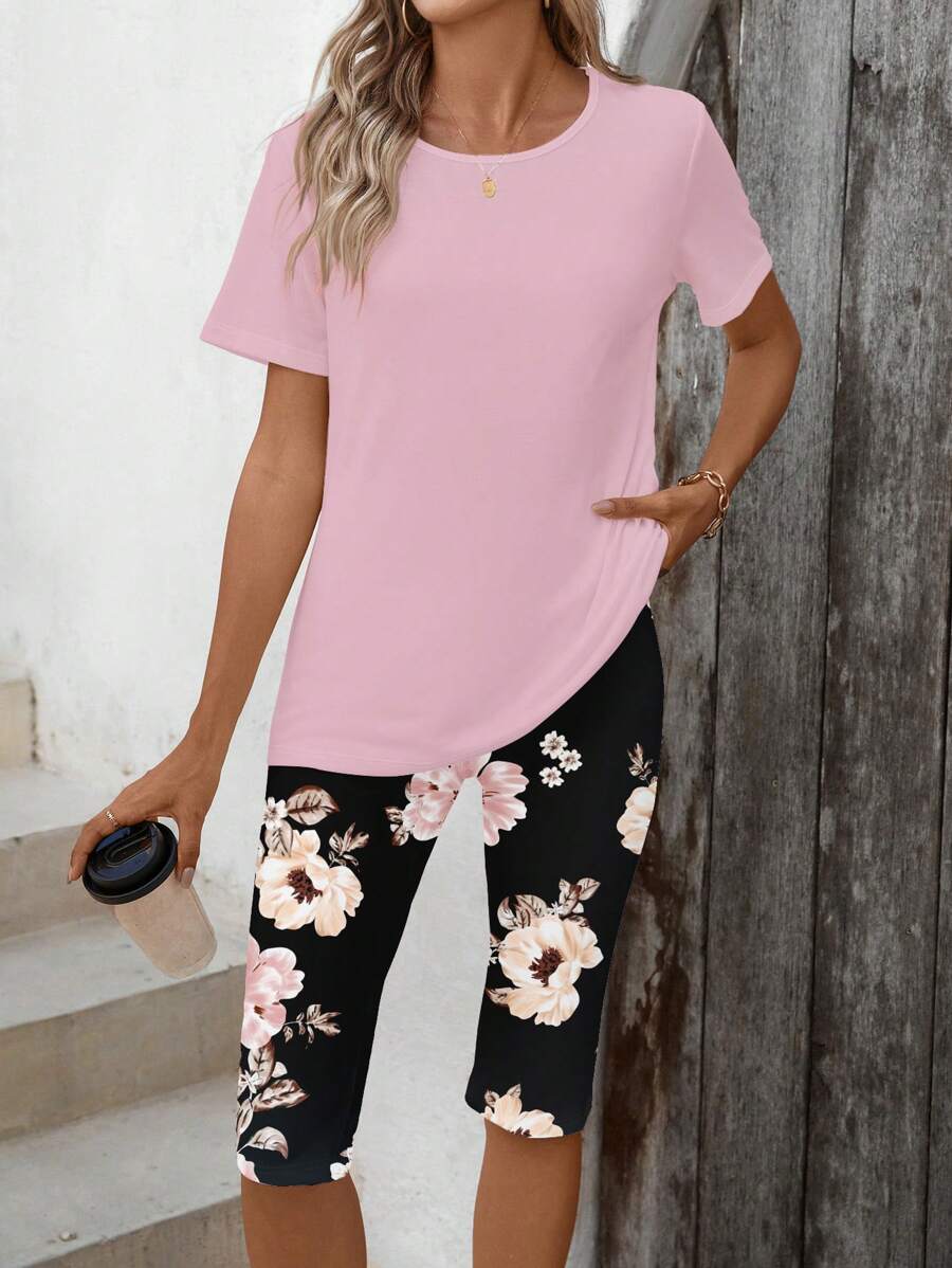 EMERY ROSE 2pcs Women's Casual Floral Print Set, Suitable For Outdoor, Vacation In Summer - Multicolor - View 1