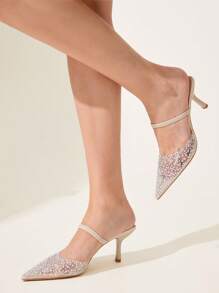 CUCCOO CHICEST Women's Pearly Rhinestone Transparent Jelly Pointed Toe Backless High Heel Pumps, Sexy & Elegant For Christmas - Beige - View 11