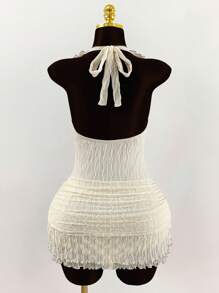 Amplova Ruffled Wrap-Around Ribbon Tie Neck Backless Floral Lace Trim Bodycon Mini Dress