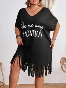 SHEIN CURVE+ Vestito da spiaggia con scollo a V, orlo con nappe e stampa grafica, per donne taglia comoda. Adatto per vacanze al mare, outfit da spiaggia, vestiti da spiaggia, abiti da cerimonia, da tè. - nero - Visualizzare 5