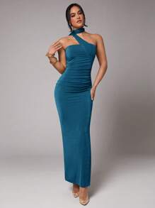 Silquee 女士纯绿色浪漫度假日常休闲优雅露背系带连衣裙，适合海滩、派对、约会、正式场合、春夏季 - 水鴨藍 - 查看 3