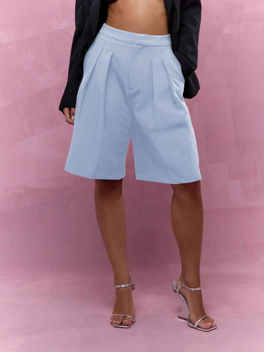 MISSGUIDED Tailored Bermuda Relaxed Tailored Shorts With Side Pockets Wide Leg Office Casual Pleated Walking Knee Length Bottoms For Summer Spring Elegance - Baby Blue - View 1