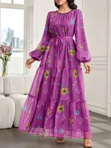Modelyn Women's Extra Long Floral Print Chiffon Cinched Waist Waist Dress, Elegant For Spring & Summer