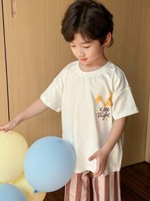 SHEIN Young Boys Casual 2 Pieces Set - Minimalist Star & Moon Graphic Short Sleeve Top & Plaid Wide Leg Pants, Loungewear - White - View 7
