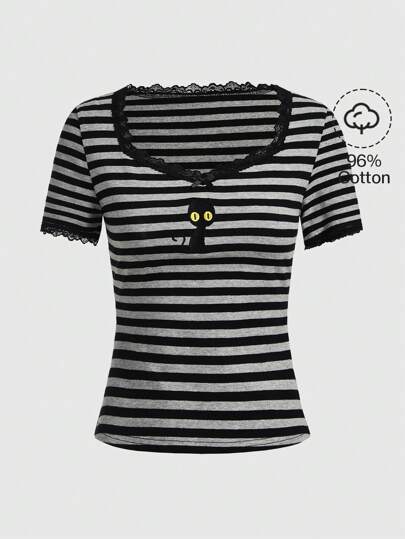 Hippie Hexerei Gestreiftes T-shirt Mit Bestickter Schwarzer Katze