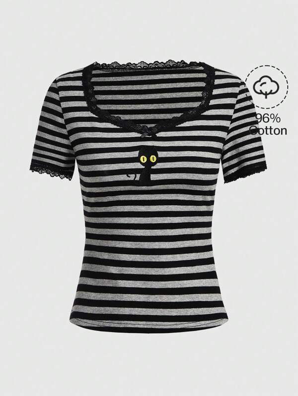 ROMWE Hippie Witchcraft Striped T-Shirt With Embroidered Black Cat