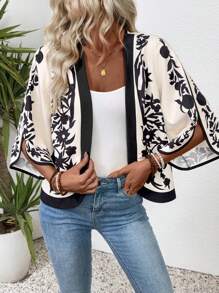 EMERY ROSE Women's Vacation Plant Print 3/4 Sleeve Loose Front Open Casual Lightweight Jacket