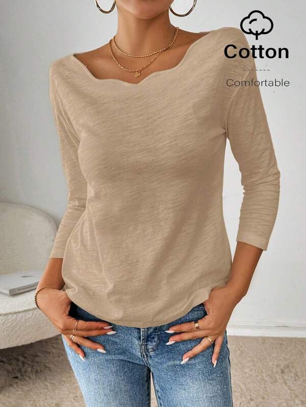 SHEIN Essnce Women Solid Arched Collar Long Sleeve Casual T-Shirt, Autumn