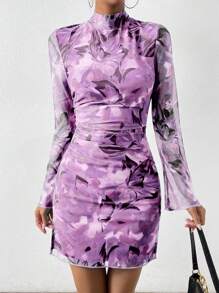 SHEIN Unity Women's Elegant Floral All-Over Print Stand Collar Fitted Mini Dress - Multicolor - View 6