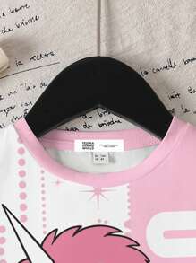 Unico X SHEIN Young Girl Colorblock Cartoon Graphic Round Neck Short Sleeve T-Shirt, Summer