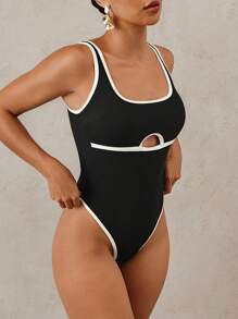Swim Basics Women's One-Piece Contrast Color Trim Shoulder Strap Backless Minimalist Holiday Style Swimsuit, Summer - Black and White - View 3