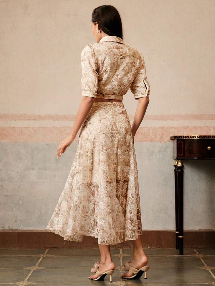 女性用エレガントなVネック ビーズ フローラルアップリケ パフスリーブTシャツトップ&スカート 2点セット、春夏、フェスティバル、バケーション、卒業式、クラシック、エレガントに適しています