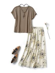 Rusticease Set de 2 piezas: Top de mangas de murciélago de unicolor de verano para mujer y falda mini con estampado floral