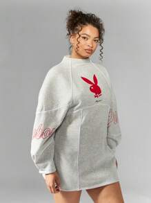 MISSGUIDED PLUS x Playboy Contrast Bunny Print Long Sleeve Mini Sweat Dress - Grey - View 3