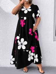 EMERY ROSE Elegant Floral Pattern V-Neck Elastic Waist Short Sleeve Casual Dress, Suitable For Commuting And Vacation, Black/White/Magenta, Plus Size, Spring/Summer/Autumn