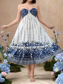 Flirla Plus Size Spaghetti Strap Open Shoulder Tasseled Tie Detail Floral Dress, Sundress For Spring/Summer Vacation - Multicolor - View 6