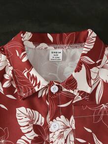 Baby Boy Floral Print Short Sleeve Shirt And Solid Color Shorts Set - Burgundy - View 5