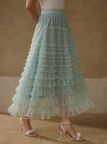 MOTF PREMIUM CONTRAST MESH TIERED LAYER SKIRT - Mint Blue - View 1