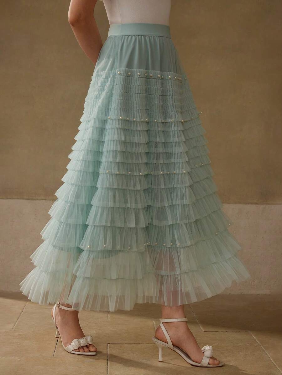 MOTF PREMIUM CONTRAST MESH TIERED LAYER SKIRT - Mint Blue - View 1