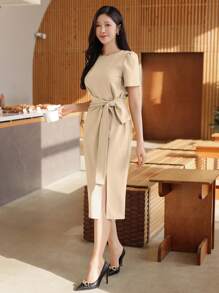 DAZY Women's Plain Round Neck Tie Waist Mid-Length Dress, Elegant Summer - Apricot - View 5