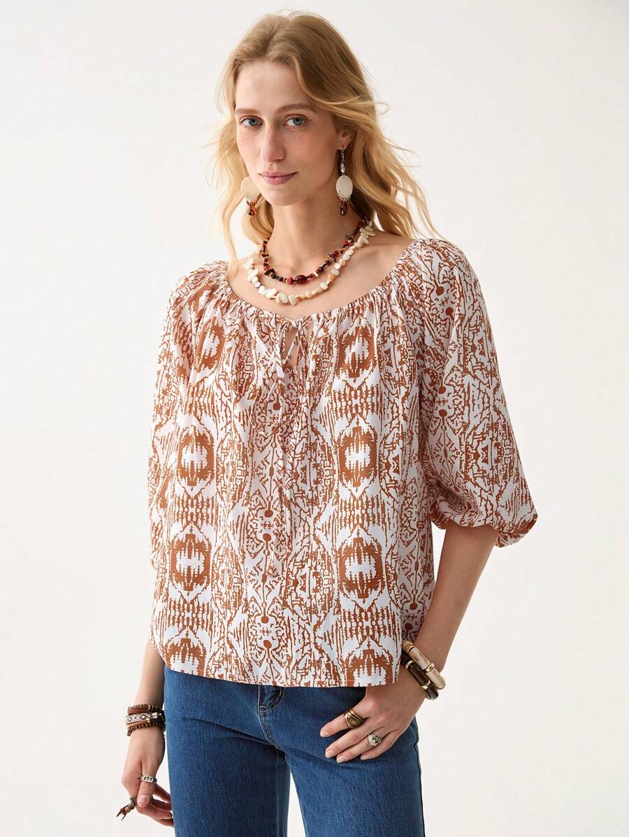 Florisole Áo cánh tay 3/4 in xếp ly cổ tròn thanh lịch, rộng rãi, thắt eo, mùa xuân/hè - Nhiều màu - Xem 1