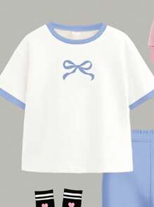 SHEIN Leap Crew 2件套青少年女孩休闲简约短袖T恤和短裤套装，适合夏季 - 彩色 - 查看 4