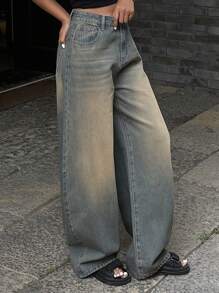 DAZY Quần jean ống đứng màu xanh nhạt, phong cách đường phố rộng rãi cổ điển dành cho nữ, quần jean rộng thùng thình, quần áo trở lại trường - Màu xanh lam - Xem 7