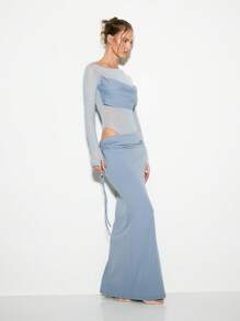 KIZN Mesh Insert Long Sleeve Two Piece Set Maxi Skirt Co-Ord Set Evening Party Wedding Guest Club Outfit Occasion Social Media Influencer - Blue - View 3