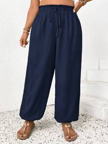 SHEIN Frenchy Plus Size Solid Color Paper Bag Waist Tied Loose Wide Leg Pants
