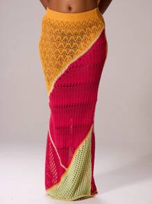 MUSERA Low Rise Textured Crochet Knit Fishtail Hem Contrast Panel Maxi Skirt Ibiza Sexy Vacation Holiday Spring Summer Festival Beachwear Romantic Elegant Birthday Cover Up Tequila Sunrise, Beach Club Chic - Multicolor - View 2