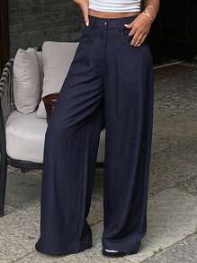 Livesso 女士阔腿牛仔裤，夏季时尚 - 深色水洗藍 - 查看 2