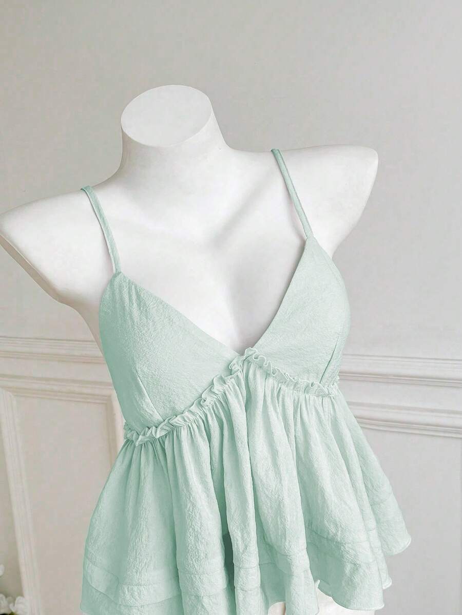 Elamini Women Solid Color Ruffle Hem Camisole Tank Top - Mint Green - View 1