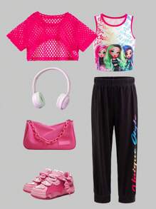 SHEIN Young Girl Solid Color Hollow Out Short Sleeve Top, Cartoon Printed Tank Top And Pants, Casual 2 Pieces Outfit - Multicolor - View 1